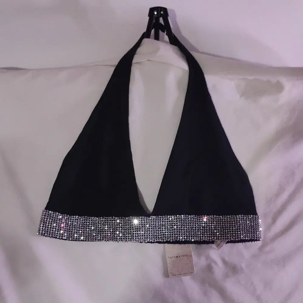 Free People Intimately Rhinestone Halter Bralette Black Adjustable Strap Size S